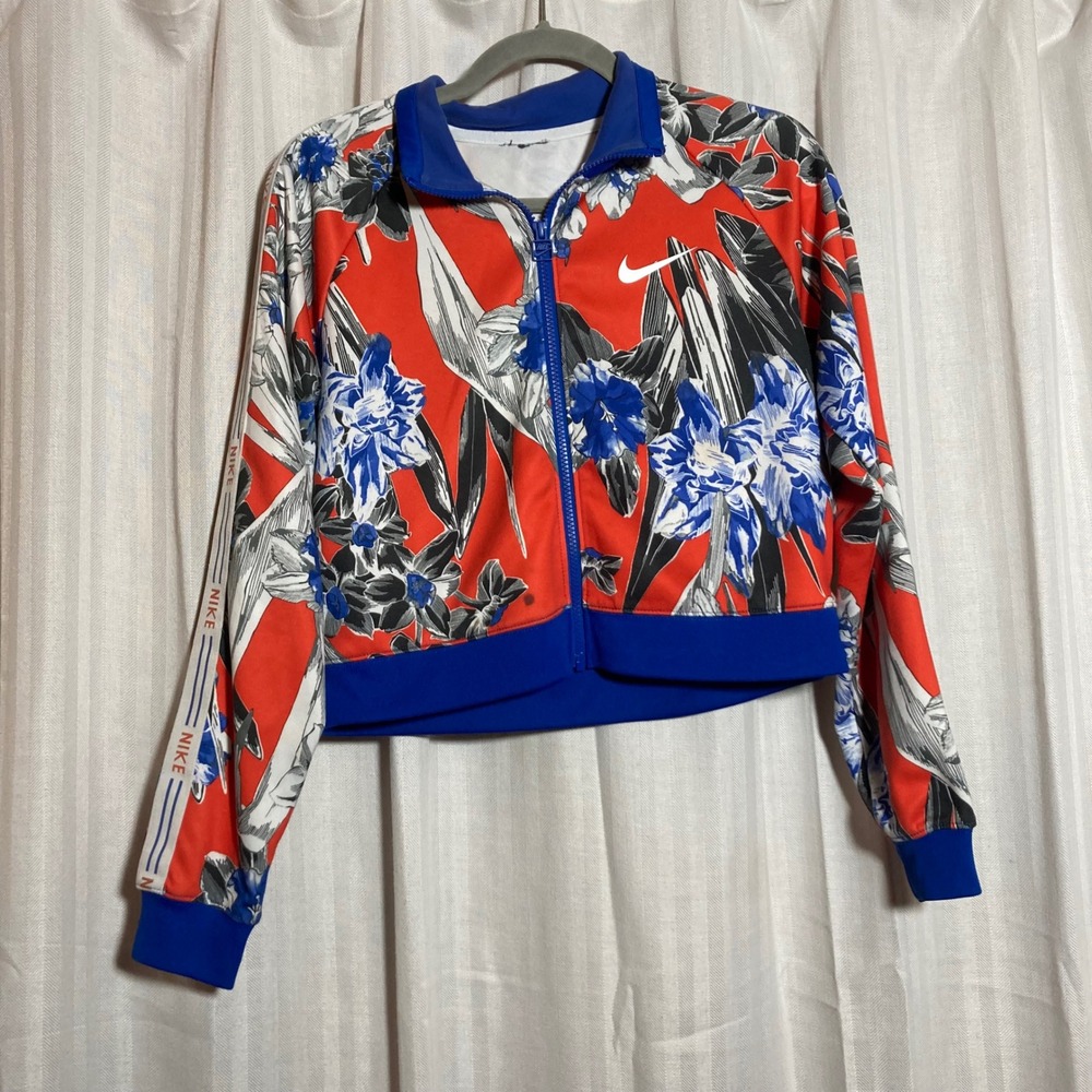 Nike Womens Floral Cropped Track Jacket Red Blue Tropical Full Zip S *Flawed*